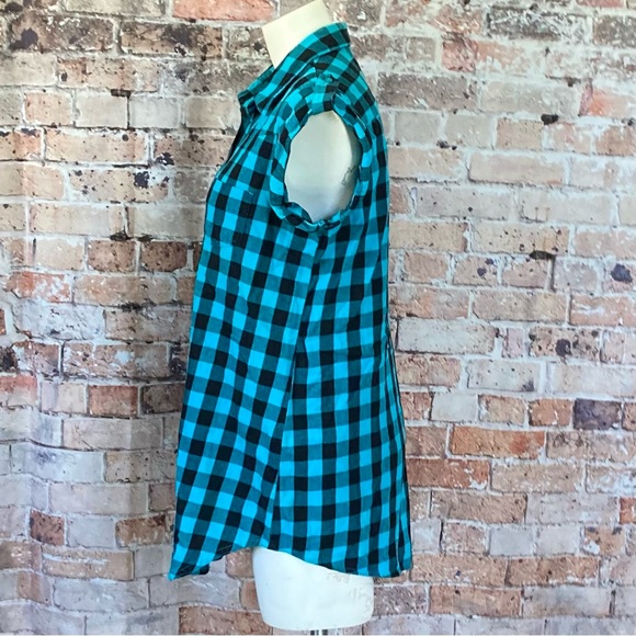 Millennium Plaid Tunic Button Down Short Sleeve Blue & Black Sz Large - Picture 2 of 9
